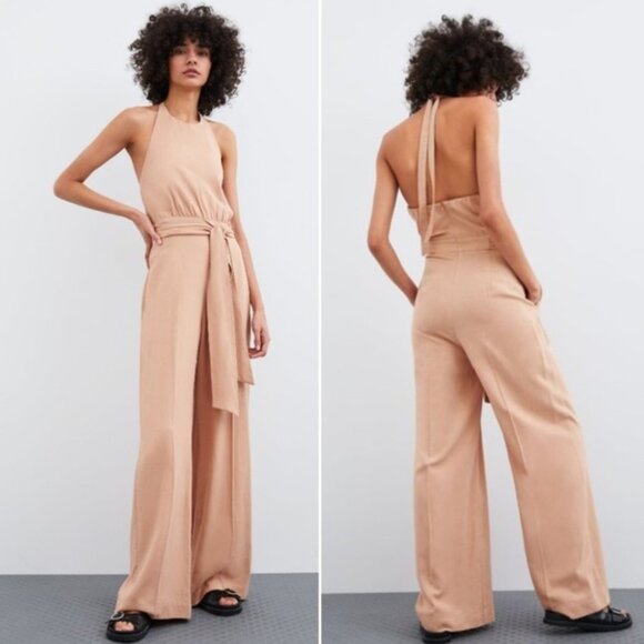 Zara Pants - Zara Peach Viscose Linen Blend Wide Leg Sleeveless Halter JumPsuit Size XS